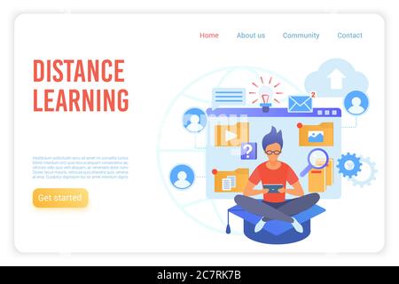 Distance learning flat vector landing page template. Internet courses, online remote education website homepage concept. Elearning, ereading, digital classes and lessons archive web banner layout Stock Vector