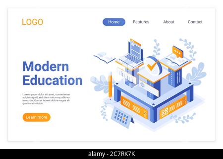 Modern education isometric landing page template. Using computer technologies in studies. E-learning, distance education opportunities. Innovative teaching approach website page design layout. Stock Vector