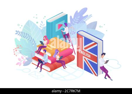 Students learning English isometric vector illustration. Pupils reading books 3d cartoon characters. Using hi-tech gadgets for teaching foreign languages. Distance education, online learning concept. Stock Vector