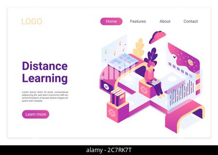 Distance learning isometric landing page template. Global access to modern education with digital technologies. Student reading tutorial, book. E-learning application website page design layout. Stock Vector