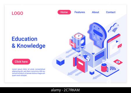 Education and knowledge isometric landing page template. E-learning with modern digital technologies, cloud services. Self-education concept. Self-study, exam preparation website page design layout Stock Vector
