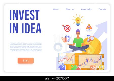 Invest in idea landing page vector template. Business school website homepage interface layout with flat vector illustrations. Stock market trading, project management web banner cartoon concept Stock Vector