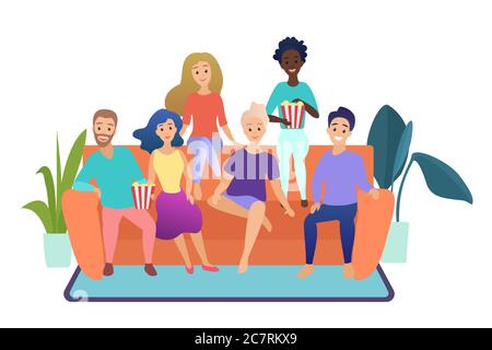 Happy friends watching television together sitting on the couch at home isolated vector illustration. Group of people watching TV Stock Vector