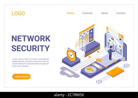 Network security landing page isometric vector template. Data encryption, personal information protection service web banner 3d concept. Computer anti virus system website homepage layout Stock Vector