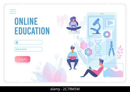 Online education flat vector landing page template. Students, pupils preparing for science exam tests characters. Chemistry, biology, biochemistry Internet courses website homepage concept Stock Vector