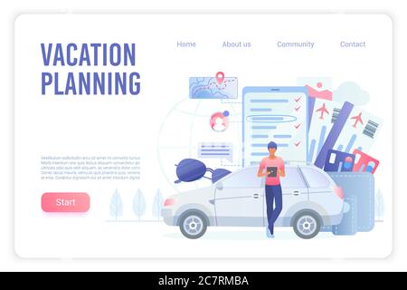 Vacation planning landing page vector template. Travel agency, ticket booking website homepage interface layout with flat vector illustrations. Road trip preparation web banner cartoon concept Stock Vector