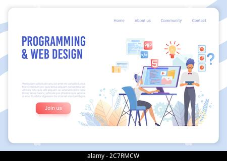 Programming and web design flat vector landing page template. Coding languages, software optimization, mobile app development website homepage concept. Programmers and coders web banner layout Stock Vector
