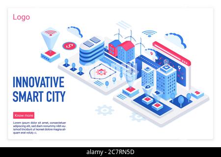 Innovative smart city isometric vector landing page template. Futuristic eco city model website homepage 3D concept. Modern town with ecological electricity alternative technology web banner layout Stock Vector