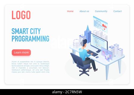 Modern smart city programming management control landing page isometric vector template. Architect builder working at desk, hologram smart city model on desktop. Business strategy. Urban construction website homepage 3D concept Stock Vector