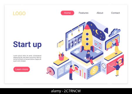 Startup landing page isometric vector template. Marketing team working, new company launching, starting web banner 3d concept. Start up, business development and innovations website homepage layout Stock Vector