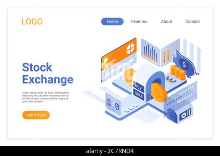 Stock exchange isometric landing page template. Buying and selling investment papers promo web banner. Digital technologies in financial market management. Broker services website page design layout Stock Vector