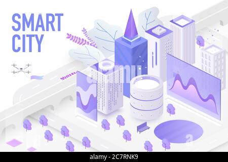 Smart city isometric. Technology devices with automated control systems. Modern 3d skyscrapers, smartphone, chart screen. Vector futuristic sustainable metropolis with digital technology. Stock Vector
