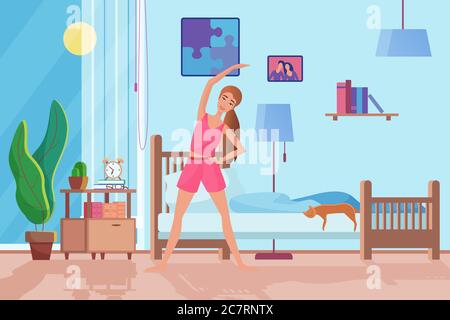 Morning exercises flat vector illustration. Healthy lifestyle, woman doing sport, training, workout at home. Smiling female cartoon character activity, cat sleeping on bed. Lady room interior design Stock Vector