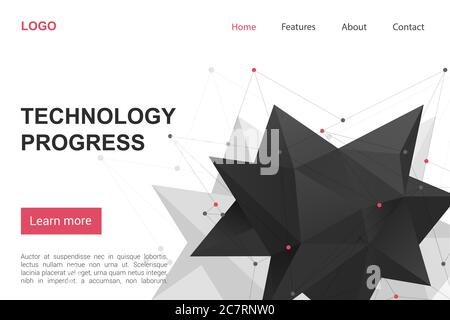 Technology progress landing page vector template. Modern science news website homepage interface layout with flat vector illustrations. Scientific innovations, advanced tech web banner cartoon concept Stock Vector