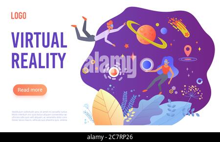 Virtual reality flat vector landing page template. Cartoon people in VR glasses enjoying open space travel. Students studying planets with virtual simulator program. Modern hi-tech gaming experience Stock Vector