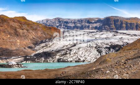 Fantastic view on Solheimajokull glacier in Katla Geopark on Icelandic Atlantic South Coast. Location: South glacial tongue of Myrdalsjokull ice cap, Stock Photo