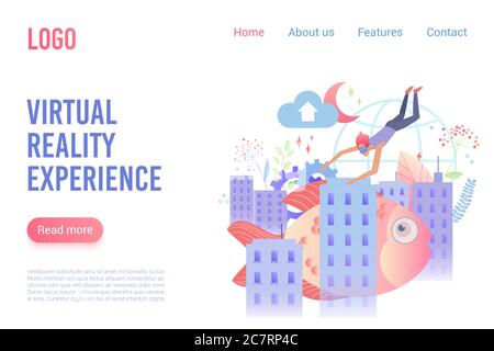 Virtual reality experience flat vector landing page template. Diver in VR glasses enjoying fantasy world cartoon character. Augmented reality entertainment options promo website page design layout. Stock Vector