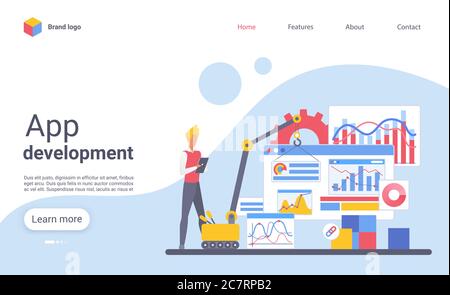 App development landing page vector template. Mobile programming website homepage interface layout with flat illustration. Application creation business web banner, webpage cartoon concept Stock Vector