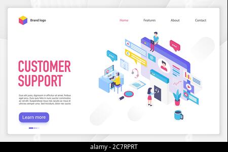 Customer support landing page vector template. Call center, helpline, hotline website homepage interface layout with isometric illustration. Telemarketing business web banner, webpage 3D concept Stock Vector