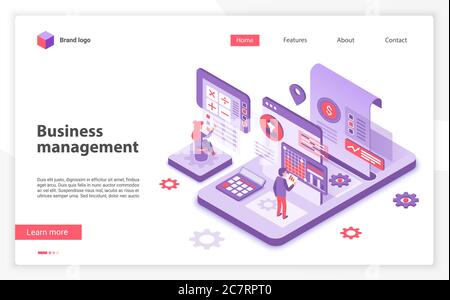 Business management landing page vector template. Corporate development website homepage interface layout with isometric illustration. Leadership training courses web banner, webpage 3D concept Stock Vector