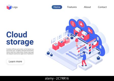 Cloud storage landing page vector template. Wireless technology website homepage interface layout with isometric illustration. Remote data access, file management system web banner 3D concept Stock Vector