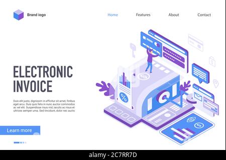 Electronic invoice landing page vector template. Internet banking, e invoicing website homepage interface layout with isometric illustration. Paying taxes online web banner, webpage 3D concept Stock Vector