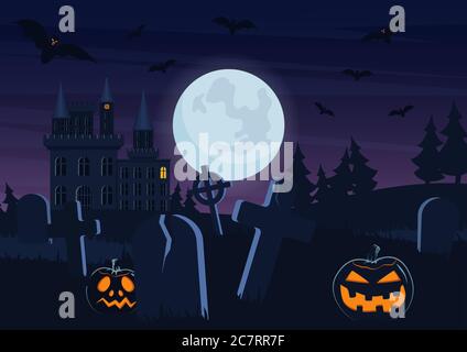 Halloween spooky graveyard flat vector background. Scary haunted house at night cartoon illustration. Horror moon, pumpkins and tombstones creepy backdrop. Helloween gothic composition with cemetery Stock Vector