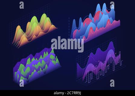 Graphs, charts isometric vector illustrations set. Business infographic elements pack. Financial diagrams, infocharts, statistical data analysis visualization. Report, presentation 3d cliparts Stock Vector