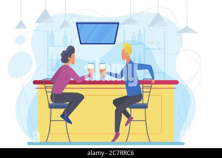 Guys drinking beer flat vector illustration. Young men sitting in bar cartoon characters. Tavern customers enjoying alcohol beverage. Friends communication, meeting in pub, recreational activity Stock Vector
