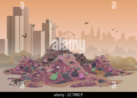 City landfill flat vector illustration. Polluted area, garbage dump background. Heaps of waste, stray dogs and cityscape cartoon backdrop. Junkyard, wasteland. Environment pollution problem concept Stock Vector