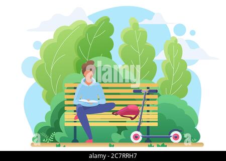 Young woman reading in park flat vector illustration. Smart student studying, bookworm cartoon character. Girl sitting on bench with interesting book. Literature hobby, intellectual recreation Stock Vector