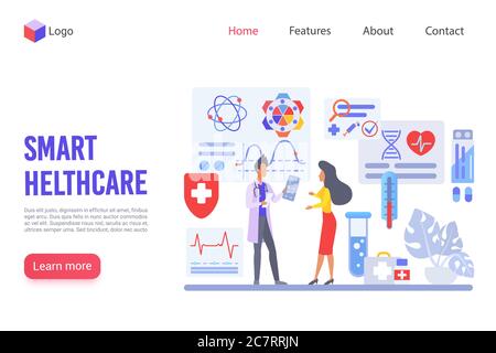 Smart healthcare vector landing page template. Innovation ody diagnostics website design layout. Modern treatment methods web page concept. Medical clinic, research institute webpage interface Stock Vector