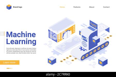 Machine learning flat landing page vector template. Artificial intelligence futuristic technologies website design layout. AI algorithm webpage 3d concept. Database server web page interface Stock Vector
