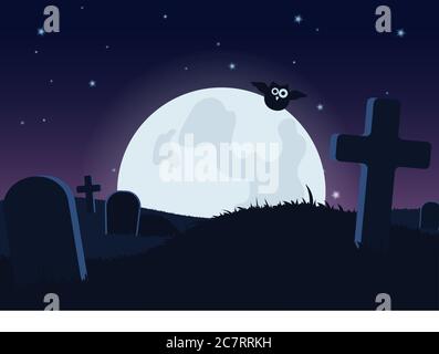 Halloween spooky flat vector background. Scary graveyard at night cartoon illustration. Horror moon, owl and gravestones creepy backdrop. Helloween gothic composition with cemetery wallpaper Stock Vector