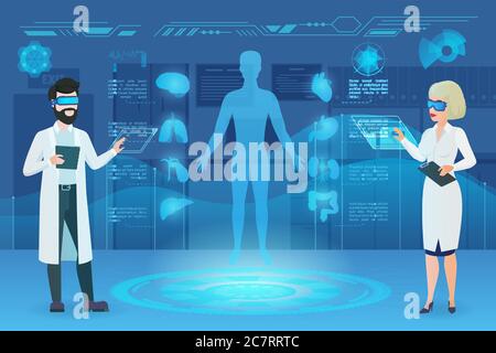 Doctors working in augmented reality flat vector illustration. Scientists, colleagues in AR glasses cartoon characters. Medical workers studying human anatomy. Futuristic technology in medicine Stock Vector