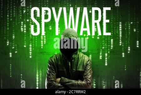 Faceless hacker with SPYWARE inscription, hacking concept Stock Photo
