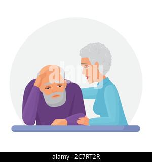 Wife supporting depressed husband flat vector illustration. Mental disorder, psychotherapy concept. Old woman consolation sad senior cartoon characters. Woman comforting upset man Stock Vector