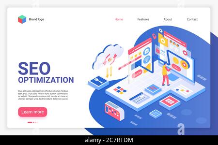 SEO optimization landing page vector template. Modern internet marketing website homepage interface layout with isometric illustration. Advertising business, online promotion web banner 3D concept Stock Vector