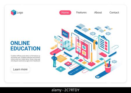 Online education landing page vector template. Internet school, college website homepage UI layout with isometric illustration. Remote graduation, training classes web banner, webpage 3D concept Stock Vector