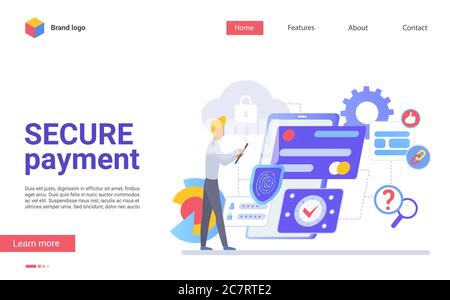 Secure payment flat landing page vector template. Safe financial transactions website layout. Electronic billing system web page cartoon concept. Protected money transfer service webpage interface Stock Vector