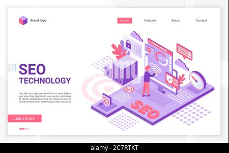 SEO technology landing page vector template. Advertising business, internet promotion website homepage interface layout with isometric illustration. Search engine optimization web banner 3D concept Stock Vector