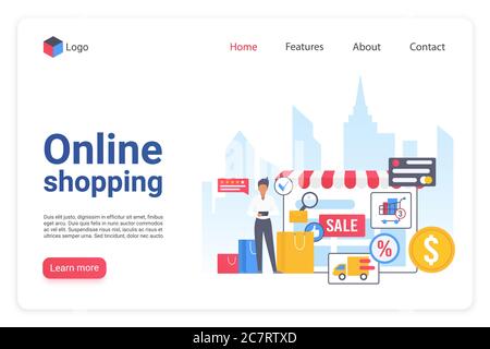 Internet shopping landing page flat vector template. Online ecommerce marketplace website design layout. Internet store webpage cartoon concept. Retail merchandising. Webshop interface Stock Vector