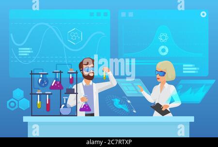 Scientific futuristic laboratory research flat vector illustration. Biochemistry, pharmacy, biotechnology experiment concept. Male and female scientists, modern medical workers analyzing characters Stock Vector
