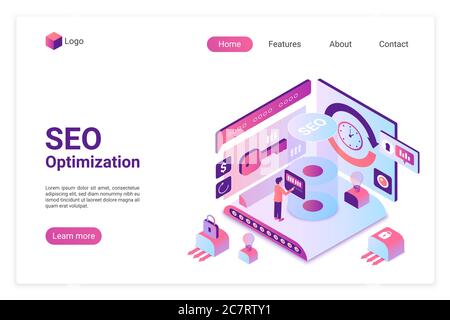 SEO isometric landing page vector template. Search engine marketing webpage layout. Website traffic increasing service 3d concept. Search results optimization and customization web page interface Stock Vector