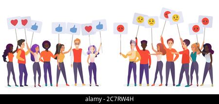 People holding emoji posters flat vector illustration. Social satisfaction and stratification concept. Community groups protesting and expressing feelings cartoon characters isolated on white Stock Vector
