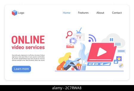 Online video service flat vector landing page template. Internet movies hosting website homepage layout. Woman watching TV at home cartoon character. Streaming video vlog, blog web banner design Stock Vector