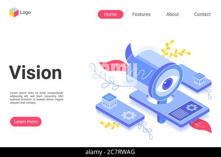 Business vision landing page vector template. Innovative company development website homepage interface layout with isometric illustration. Creative opportunities search web banner, webpage 3D concept Stock Vector