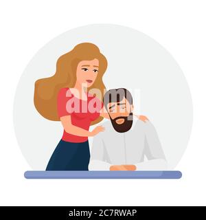 Wife supporting depressed husband flat vector illustration. Mental disorder, psychotherapy concept. Girlfriend consolation sad boyfriend cartoon characters. Woman comforting upset man design element Stock Vector