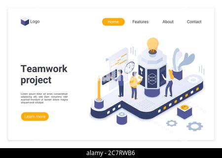 Teamwork project landing page vector template. Effective team building website homepage interface layout with isometric illustration. Successful business management web banner, webpage cartoon concept Stock Vector