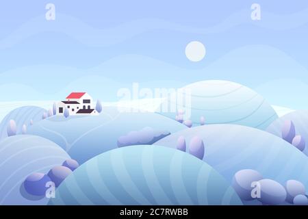 Farm and fields winter season landscape flat vector illustration. Rural village snowy picturesque scenery. Cartoon shed and house buildings on horizon. Hills and trees covered with snow Stock Vector